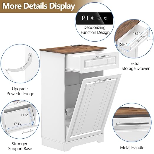 Single 10 Gallon Tilt Out Trash Can Cabinet with Deodorizing Function, Wooden Hidden Garbage Can Holder with Storage Drawers for Kitchen and Dining Room, Laundry Hamper Cabinet for Bathroom, White
