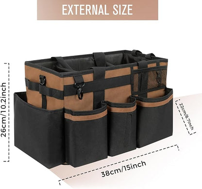 SCAVATA Wearable Cleaning Caddy, Cleaning Caddy Supplies Organizer with Handle & Shoulder Straps for Housekeepers, Under Sink & Car Cleaning Tool Organizers Bag with 4 Foldable Divider (Brown)