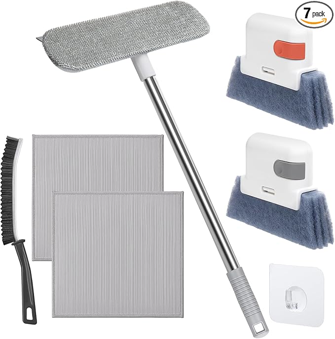 XANGNIER Window Screen Cleaner & Track Cleaning Kit-Mesh Screen Cleaner Brush with Extension Pole,Window Sill and Track Cleaner Tool Washing Equipment,28″Detachable Long-Reach Handle,Wet&Dry Dual-Use