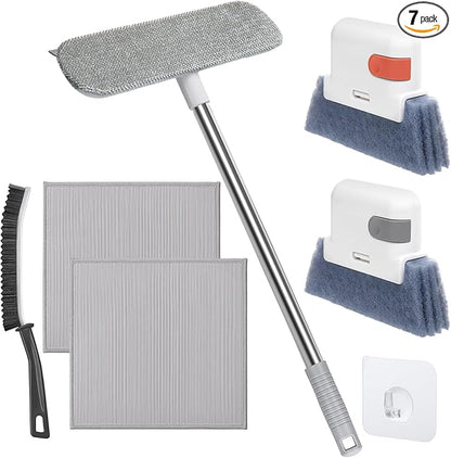 XANGNIER Window Screen Cleaner & Track Cleaning Kit-Mesh Screen Cleaner Brush with Extension Pole,Window Sill and Track Cleaner Tool Washing Equipment,28″Detachable Long-Reach Handle,Wet&Dry Dual-Use