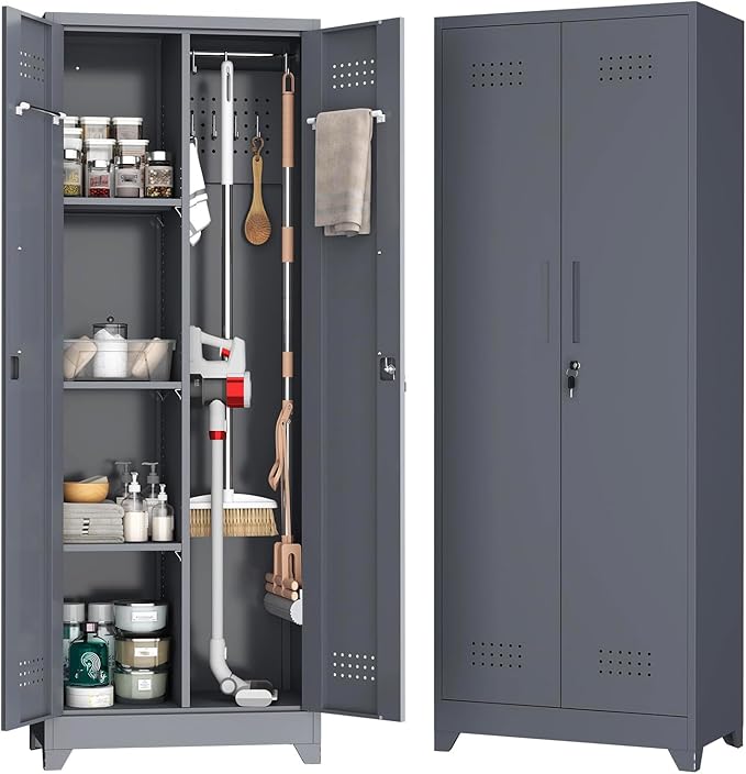 Broom Closet,Broom Closet Storage Cabinets with Lock, 65" Metal Garage Organization Cabinet,Cleaning SupplyUtility Storage Cabinet with Pegboard & Shelves for Laundry Room,Workshop