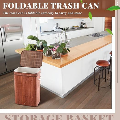 2 Pack 21 Gallon Bamboo Slim Trash Can with Lid Large Foldable Slim Rectangular Garbage Can Bamboo Waste Basket for Bathroom Bedroom Office Home Salon Spa (Coffee)