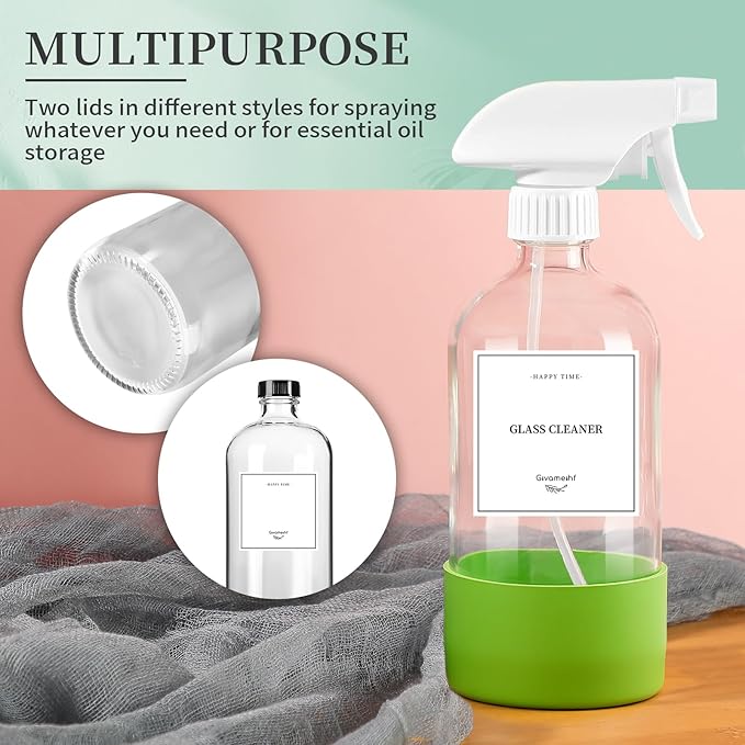GIVAMEIHF 4 Pack Glass Spray Bottles with Silicone Sleeve,16oz Clear Glass Spray Bottles Refillable Empty Bottle with Adjustable Nozzle,Spray Bottle for Cleaning Solutions,Essential Oils,Pets,Hair