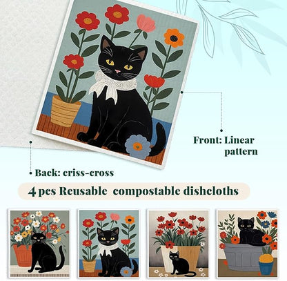 Cat Flowers Swedish Dishcloths for Kitchen, Papaya Reusable Paper Towels, 4 Pack Watercolor Dish Towels
