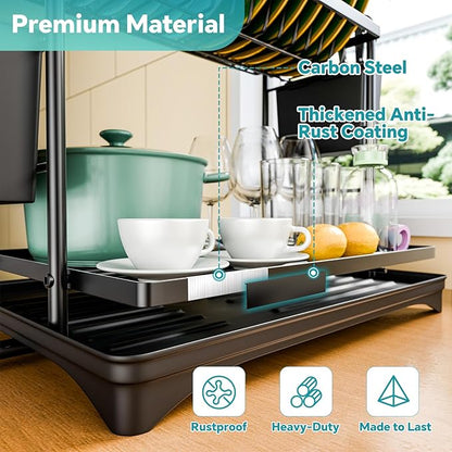 Simple Trending Dish Rack, Dish Drying Rack 2 Tier, Stainless Steel Dish Drainers with Utensil Holder and Drainboard for Kitchen Sink Organizers, 12" w x 16.6" L, Black