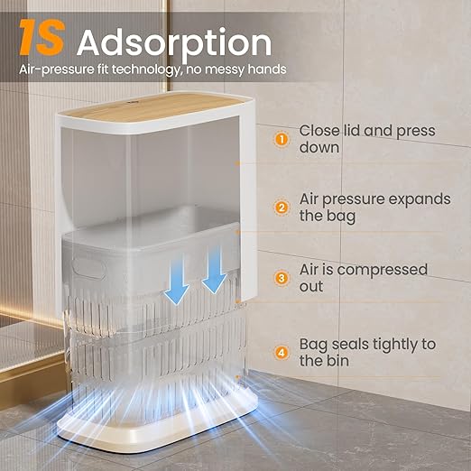 Bathroom Trash Can with Lid and Wheels, 10L/2.6 Gal Small Slim Garbage Can, Air-Press Bag Expander, Odor & Pet Proof, Wood Grain Press Lid, White Wastebasket for Bedroom, Office, Living Room