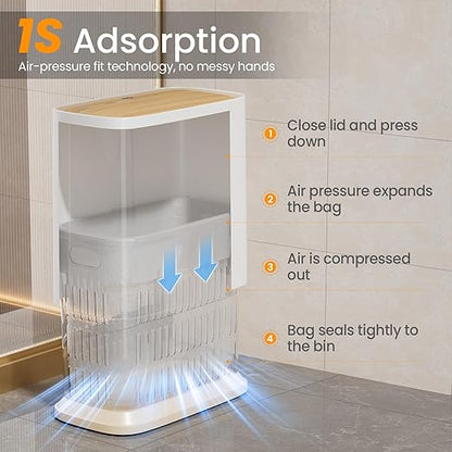 Bathroom Trash Can with Lid and Wheels, 10L/2.6 Gal Small Slim Garbage Can, Air-Press Bag Expander, Odor & Pet Proof, Wood Grain Press Lid, White Wastebasket for Bedroom, Office, Living Room