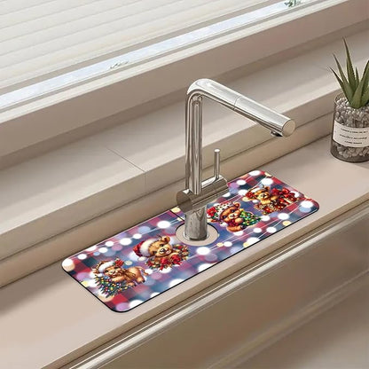 Chrismas Sink Splash Guard Faucet Mat Cute Christmas Absorbent Fast Drying Mat Sink Gadgets Splash Guard Behind Faucet Drip Catcher for Kitchen Bathroom 15.5"X5.5"