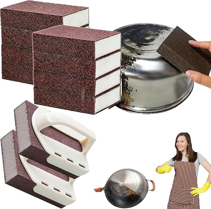 Magic Cleaning Sponge with Handle, Heavy Duty Nano Carbide Cleaning Sponge, Nanotechnology Sponge Scrubber, Emery Cleaning Sponge Brush Eraser Scrub Pads, Removing Rust for Pots and Pans (10PCS)
