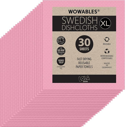 Swedish Dishcloths for Kitchen XL, 30 Sheet Roll, Biodegradable & Compostable, Reusable Paper Towel Cleaning Cloths, 11" x 10", No Odor, Washing Dishes, Ultra Absorbent Cellulose Sponge Towel, By LOLA