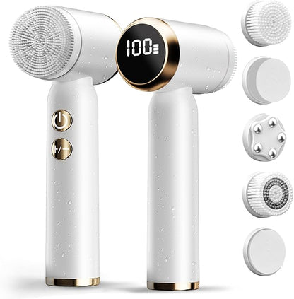 Electric Face Scrubber with Led Display & Facial Cleansing Brush - 6-in-1 Exfoliating Kit, 3 Speeds, IPX6 Waterproof Face Brush for Deep Cleaning, Massage & Gentle Exfoliation-Milk White