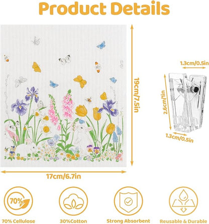 Needbrock 6 Pack Spring Floral Swedish Dishcloths for Kitchen, Absorbent Dish Cloths Swedish Rags Dish Towels with Adhesive Clips, Reusable Paper Towels No Odor for Cleaning Sink Kitchen