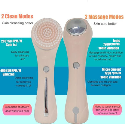 Facial Cleansing Brush, 2 in 1 Ｗaterproof IPx7 Facial Spin Scrubber Set with 4 Brush Heads, Rechargeable Exfoliating Face Brush Deep Cleansing, Gently Exfoliate and Remove Blackhead (Pink)