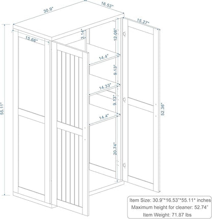Wooden 55" Tall Broom Closet Storage Cabinet for Vacuum Cleaner & Floor Scrubbers with 2 Doors and Adjustable Shelf, Cleaning Supply Cabinet with Bottom Openwork for Laundry Room, Garage