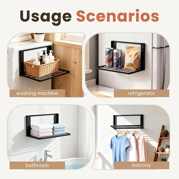Foldable Wall Mounted Clothes Drying Rack,Space-Saving Laundry Drying Rack, Magnetic & Punch-Free Retractable Hanging Rack with 4 Drying Bars, Heavy-Duty Fold Down (Black)