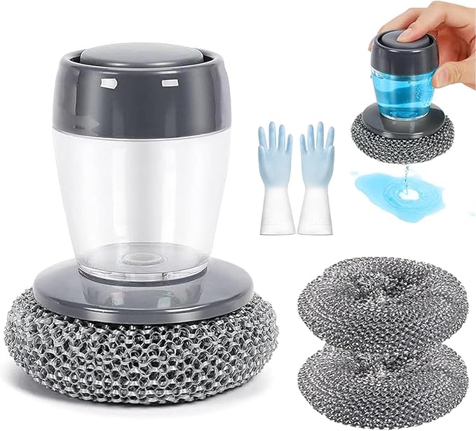 2026 New Comfort Grip Soap Dispensing Kitchen Scrub, Comfort Grip Soap Dispenser, Replaceable PET Cleaning Brush Without Soap, Non-Slip Handle for Cleaning Dishes (1 Set+2 Pcs Replacement Parts)