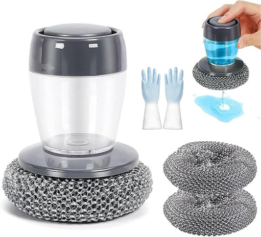 2026 New Comfort Grip Soap Dispensing Kitchen Scrub, Comfort Grip Soap Dispenser, Replaceable PET Cleaning Brush Without Soap, Non-Slip Handle for Cleaning Dishes (1 Set+2 Pcs Replacement Parts)