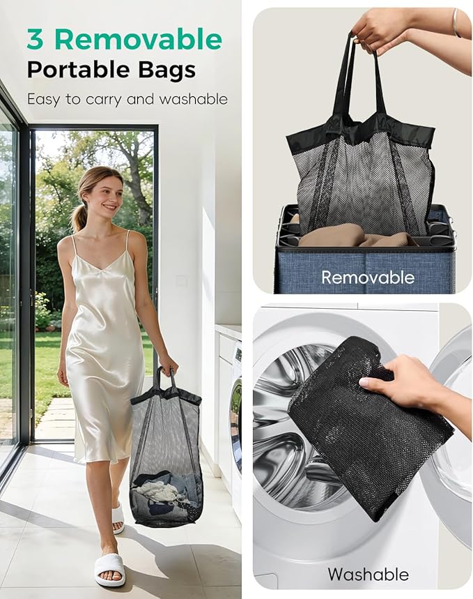 3 Bin Laundry Hamper 185L, Large Laundry Hamper with Lid, Dirty Clothes Hamper with 3 Detachable Washing Bags, Foldable Laundry Basket Organizer for Bedroom, Laundry Room