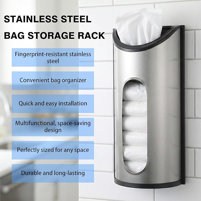 2 Pcs Stainless Steel Grocery Bag Holder Plastic Bag Organizer Wall Mounted Trash Bags Dispenser for Kitchen Pantry Cabinet Garage Storage Space Saving