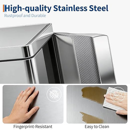 Garvee Dual Compartment Trash Can, 2 x 5.3 Gal (2 x 20L) Stainless Steel Recycling Bin with Foldable Foot Pedal & Soft-Close Lid, Kitchen Garbage & Recycle Combo - Silver