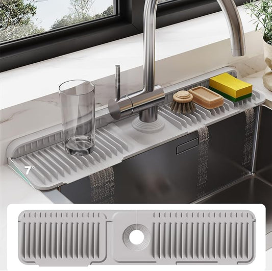 24 Inch Silicone Faucet Mat for Kitchen Sink Splash Guard - 7° Slope Water Draining Mat With Fasten Button for Bathroom Area (Gray, 24"x5.5")