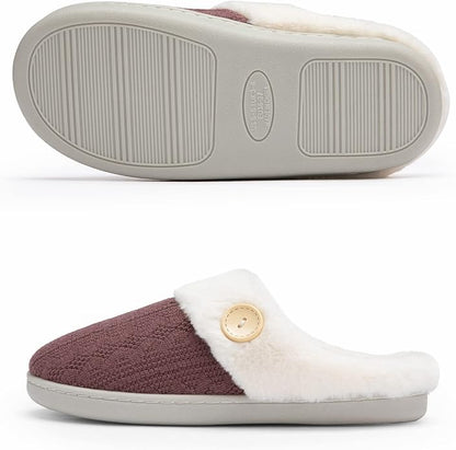 Chantomoo Womens Slipper Warm Comfy Memory Foam House Slippers Knitted Shoes Faux Fur Lined Anti-Skid Rubber Sole Bedroom Cozy Indoor Outdoor Slippers