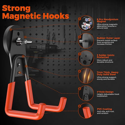 8Pcs Large Strong Magnetic Hooks Heavy Duty Garage Big Magnet Hooks Extra Strength Magnetic Utility Storage Hook Hanger with Anti Slip Coating for Garden Indoor Outdoor Hanging Tools Orange