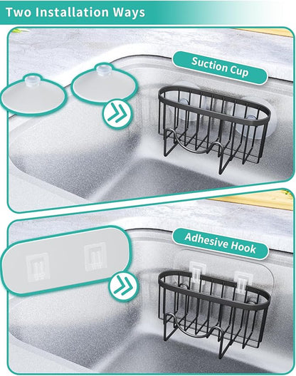 HapiRm Multifunctional Sponge Holder with Unique M-Shaped, 2 Installation Methods Kitchen Sink Caddy Organizer, Rustproof Stainless Steel Kitchen Organizers and Storage Essentials - Black