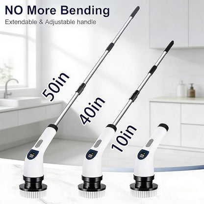 Cleanninja Electric Spin Scrubber for Cleaning, Adjustable Shower Brush with 7 Replaceable Heads & Power LED Display, 2 Speed Waterproof Cordless Shower Scrubber for Bathtub, Kitchen, Car, White