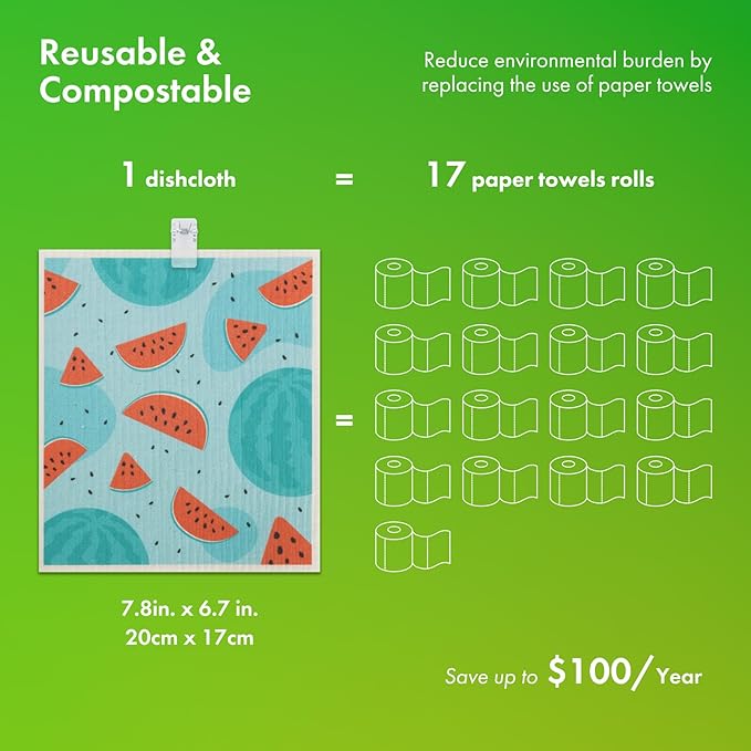 Swedish Dishcloths for Kitchen, 6 Pack Fruit Swedish Dish Towels with Clips, Reusable Paper Towels Washable Non-Scratch Super Absorbent Cellulose Sponge Cloths, Biodegradable No Odor