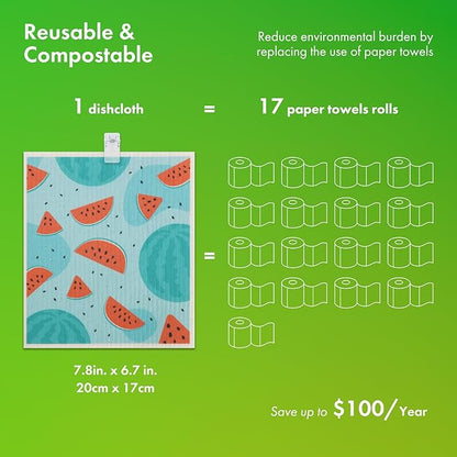 Swedish Dishcloths for Kitchen, 6 Pack Fruit Swedish Dish Towels with Clips, Reusable Paper Towels Washable Non-Scratch Super Absorbent Cellulose Sponge Cloths, Biodegradable No Odor