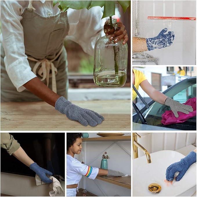 Patelai 2 Pairs Microfiber Gloves for plants Dusting Cleaning Glove Mittens House Cars Blinds Dusting(Gray, Dark Blue,Large)