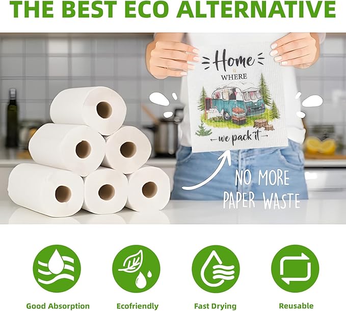 Kitchen Towels Swedish Dishcloths - 6 Count Reusable Paper Towels, Ultra Absorbent Odor Free Eco Friendly Biodegradable Cleaning Rags, (Camp)