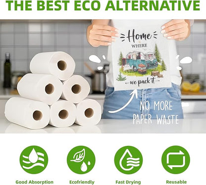 Kitchen Towels Swedish Dishcloths - 6 Count Reusable Paper Towels, Ultra Absorbent Odor Free Eco Friendly Biodegradable Cleaning Rags, (Camp)
