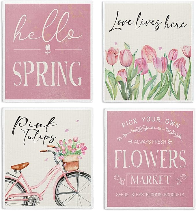 Hello Spring Decor Swedish Dishcloths, Pink Tulips, 4 Pack Reusable Paper Towels, Cotton and Wood Pulp Blend, 6.7 x 7.5 Inches