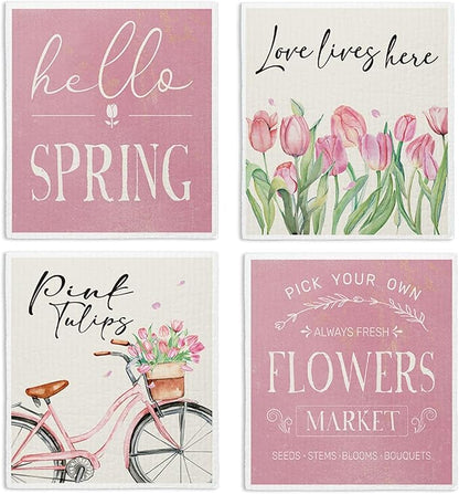 Hello Spring Decor Swedish Dishcloths, Pink Tulips, 4 Pack Reusable Paper Towels, Cotton and Wood Pulp Blend, 6.7 x 7.5 Inches