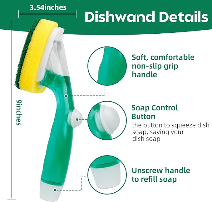 Dishwand with 9 Sponge Refills Set, Dish Wand with Handle Replacement Sponge Heads, Soap Dispensing Dish Brush with Non Scratch Scrubber Heads, Kitchen Dishwashing Cleaning Tool for Pots Pans Sink