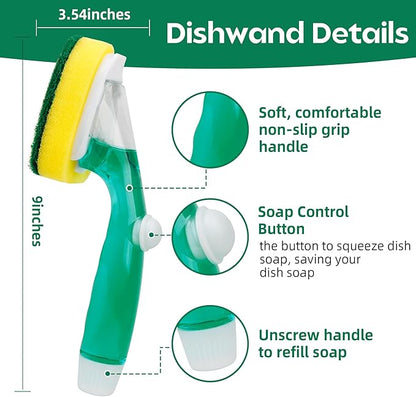 Dish Wand with 9 Refills, Dishwand with Sponge Refills, Soap Dispenser Handle with Replaceable Non Scratch Sponge Heads, Dishwashing Scrubber Brush Set for Kitchen Pots Pans Sink Cleaning
