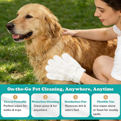 Pet Glove Wipes for Dogs & Cats, Travel-Friendly, with No-Rinse Foam Mousse for Enhanced Cleaning & Deodorizing, Extra Thick Hypoallergenic Design, Ideal for Large & Playful Puppies