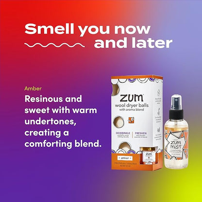 Zum Wool Dryer Balls Kit Plus Zum Mist - 3 Wool Balls with Essential Oil Blend & Room & Body Mist - Amber