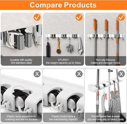 CUXIXA Broom and Mop Organizer Wall Hanging, Upgraded Mop and Broom Holder Wall Mount, Stainless Steel Broom Hanger Wall Mount for Laundry Room Organization and Storage（5 Racks with 4 Hooks）