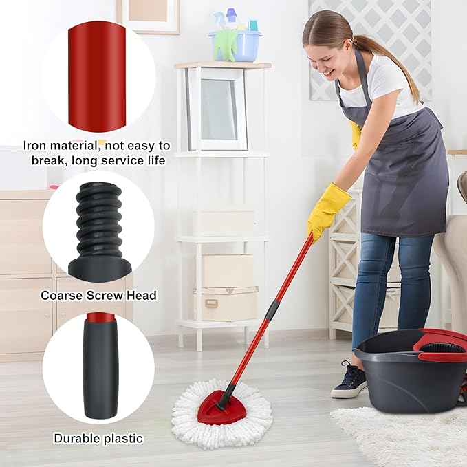 Mop Replace Heads Mop Handle and Base Replacement for O Cedar EasyWring 1-Tank Spin Mop System, 2 Microfiber Mops Refills, 4-Section Iron Mop Handle 30-58Inch and 1 Mopping Heads Cover Set (No Bucket)