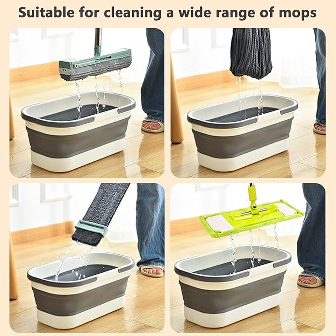 Goderewild Collapsible Bucket with Wheels 14L (3.7 Gallon) - Versatile and Durable for House Cleaning, Camping, and RV - Convenient Rectangular Mop Cleaning Basket - Lightweight & Compact (14L-Grey)