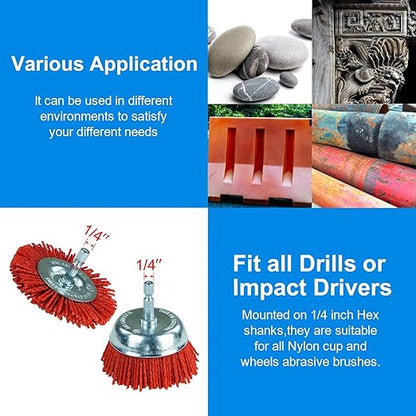 SALI 6 Pack Nylon Filament Abrasive Wire Brush Wheel & Cup Brush Set with 1/4 Inch Hex Shank, 6 Sizes Nylon Drill Brush Set for Removal of Rust Corrosion Paint