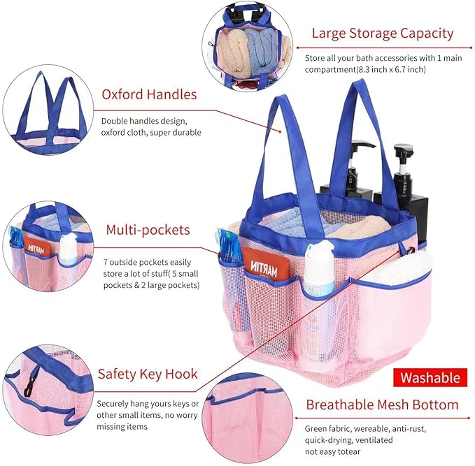 2 Pack Haundry Mesh Shower Caddy Tote Bag Hanging Portable Toiletry Bag College Dorm Essentials Quick Dry Bath Organizer for College Dorms, Gym, Camp for Bathroom Accessories(Sapphire Blue)