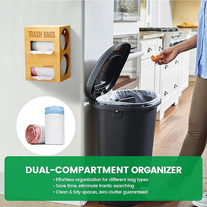 Libreshine Dual Roll Bamboo Trash Bag Dispenser & Grocery Bag Holder, 2-Compartment Organizer for 13–33 Gallon Rolls (Fits Up to 5.2”Dia), Wall Mount or Under Sink, Stackable Storage