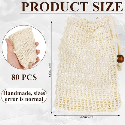 80 Pack Mesh Soap Saver Bags for Bar Soap, Cotton Linen Exfoliating Bar Soap Pouch with Drawstring Soap Bag Holder for Shower Bathroom Kitchen, 3.5x5.5 Inch, Beige
