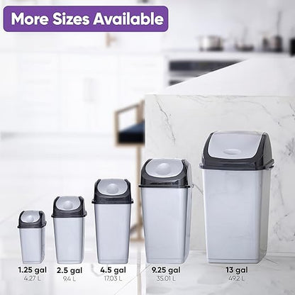 Superio Kitchen Trash Can with Swing Top Lid 9 Gallon Slim Waste Bin 37 Qt Sturdy Plastic Garbage Can Medium Recycling Bin for Office, Bathroom, Under Counter, Dorm, Bedroom (Smoke White/Grey)