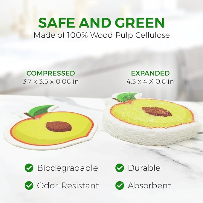 AIRNEX Biodegradable Cellulose Compressed Sponges Bulk - Fruit Shaped Kitchen Pack of 8 - Eco Friendly, Odor Free, Natural, Pop Up Compostable Scrubbers for Washing Dishes
