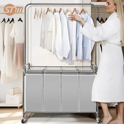 STORAGE MANIAC Laundry Sorter with Hanging Bar, Portable, Removable Laundry Hamper Cart with Heavy Duty Rolling Lockable Wheels and Removable Bags, Rolling Laundry Basket Organizer 181L, 4 Section